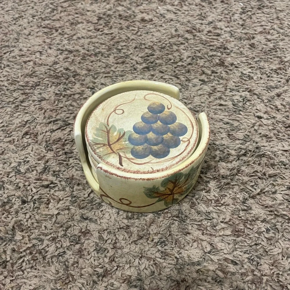 Vintage Vino Hand Painted Tuscan Grape Ceramic Coaster Set with Holder 5 Piece‎